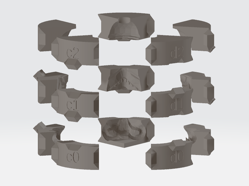 Storm trooper helmet pieces, labeled for assembly